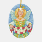 可愛い漫画クリスマスエンジェルハローと喜びバナー セラミックオーナメント (正面)