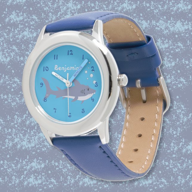 可愛い漫画シャークキッドブルー初心者向けウォッチ 腕時計 (Cute cartoon swimming shark kid watch with name . )