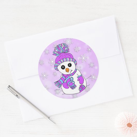 可愛い漫画パープル雪だるまスノーフレーククリスマス ラウンドシール (封筒)