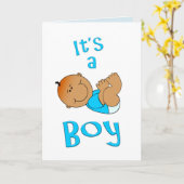 可愛い漫画ブライトブルーの男の子文字- カード (黄色い花)