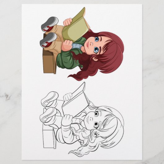 可愛い漫画読の女の子の本の着色ページ チラシ (正面)