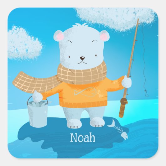 可愛い漫画魚釣りポーラーベアーキッドのシール スクエアシール (正面)