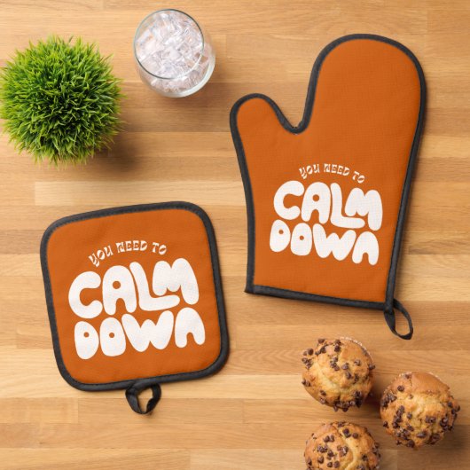 可愛い焦げオレンジ色のことわざ 鍋つかみ&鍋敷きセット (トップダウン)