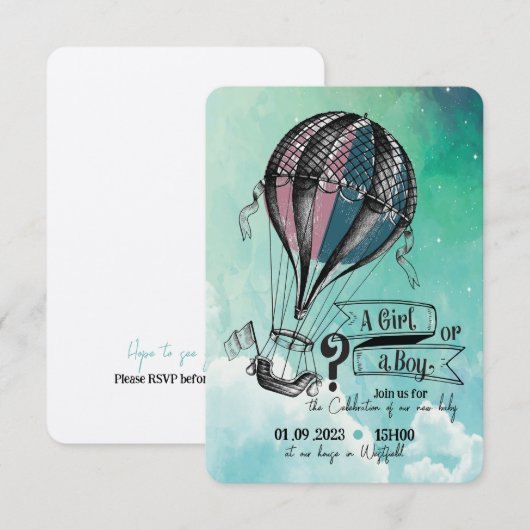 可愛い熱気球ジェンダーリビール招待状 ノートカード (正面/裏面)