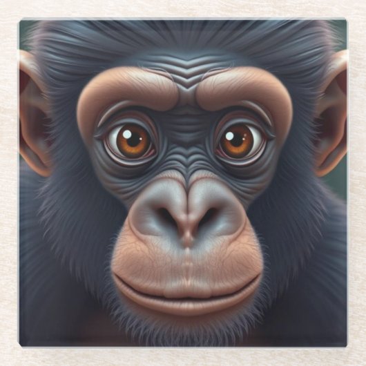 可愛い熱狂するチおもしろいンパンジーポートレート ガラスコースター (正面)