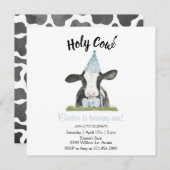 可愛い牛とブルーパーティー帽子&ボウタイ招待 (正面/裏面)