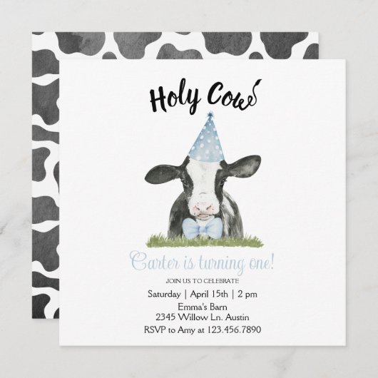 可愛い牛とブルーパーティー帽子&ボウタイ招待 (正面/裏面)