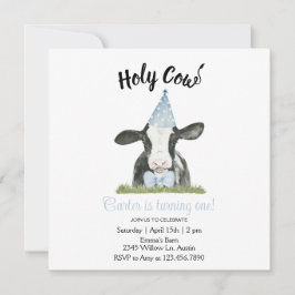 可愛い牛とブルーパーティー帽子&ボウタイ招待