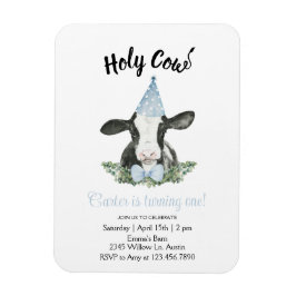 可愛い牛とブルーパーティー帽子&ボウタイ招待 マグネット