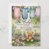 可愛い物干しボディスーツ水彩赤ちゃんシャワー 招待状 (正面)