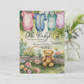 可愛い物干しボディスーツ水彩赤ちゃんシャワー 招待状 (スタンド正面)