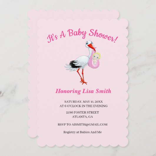 可愛い特別配送コウノトリ赤ちゃんシャワー 招待状 (正面/裏面)