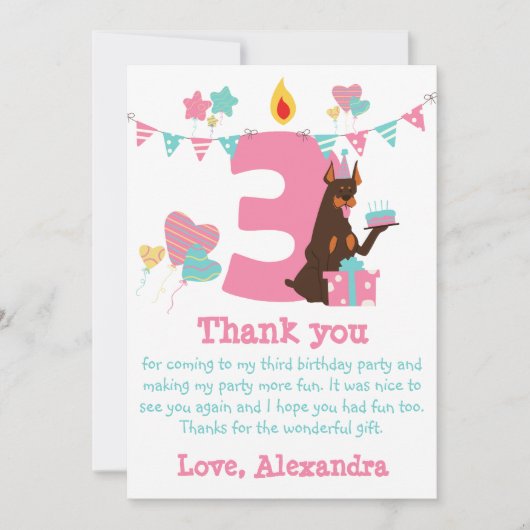 可愛い犬とケーキの隣のナンバーズ3誕生日 サンキューカード (正面)