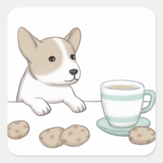 可愛い犬とコーヒー&クッキーのイラストレーション スクエアシール (正面)