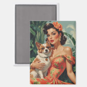 可愛い犬とラテンアメリカ系女性ピンアップ マグネット (正面/裏面)