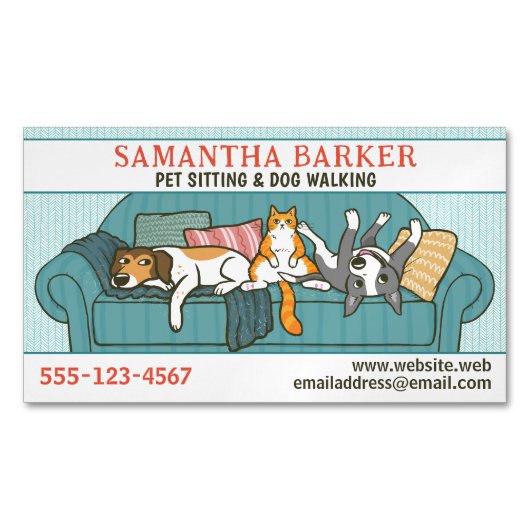 可愛い犬と猫ペット気に座おもしろい マグネット名刺 (正面)