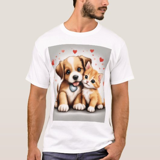 可愛い犬と猫 Tシャツ (正面)