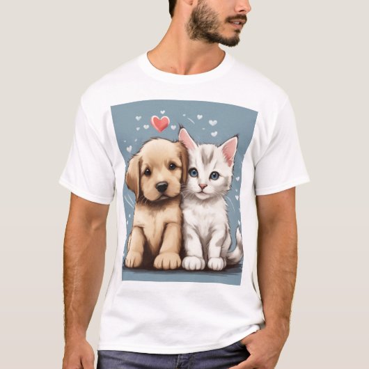 可愛い犬と猫 Tシャツ (正面)
