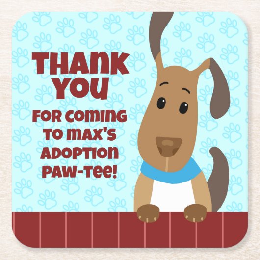 可愛い犬のフェンスでペット養子縁組パットプリントありがとう スクエアペーパーコースター (正面)