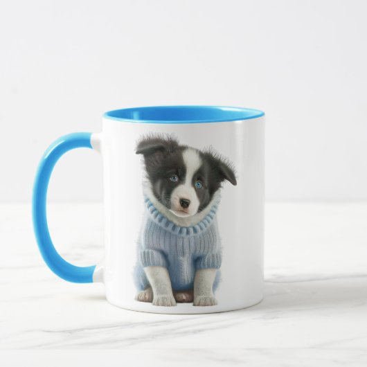 可愛い犬のマグカップとブルーおもしろいジャケット「座って滞在 マグカップ (左)