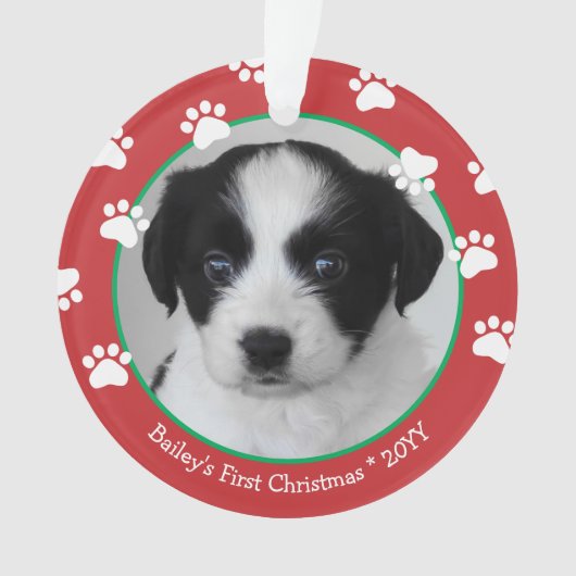 可愛い犬の初めてのクリスマスポープリントレッドグリーン オーナメント (正面)