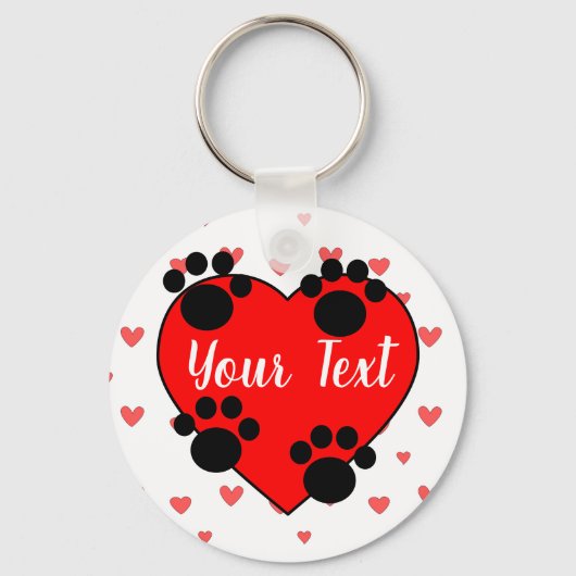 可愛い犬の前版画と赤いハート付きカスタム文字 キーホルダー (正面)