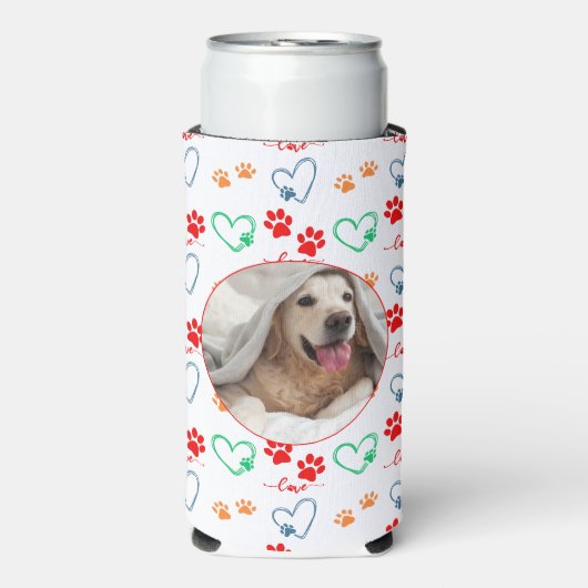 可愛い犬の手のプリントと愛のハート写真 スリム缶クーラー (Seltzer正面)