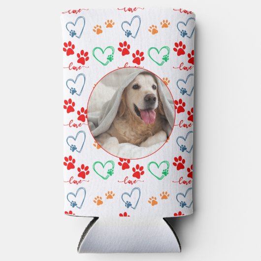 可愛い犬の手のプリントと愛のハート写真 スリム缶クーラー (正面)