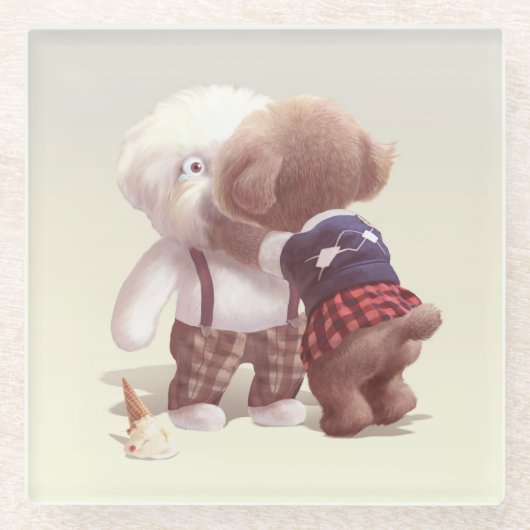 可愛い犬の抱き締め ガラスコースター (正面)