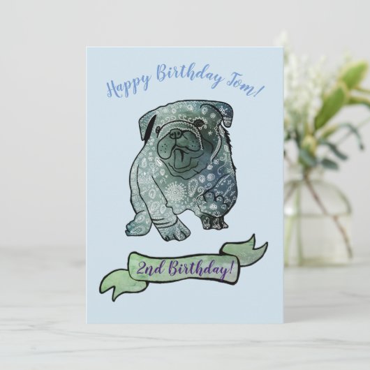 可愛い犬の誕生日パーティーフランスのブルドッグ 招待状 (スタンド正面)