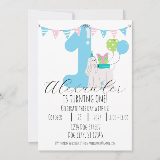 可愛い犬の隣の青のナンバーワン第1誕生日 招待状 (正面)