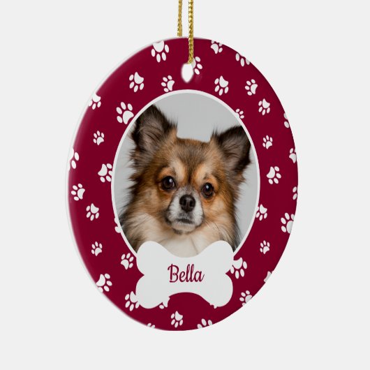 可愛い犬の骨の名前の年赤と白の手プリント セラミックオーナメント (右)