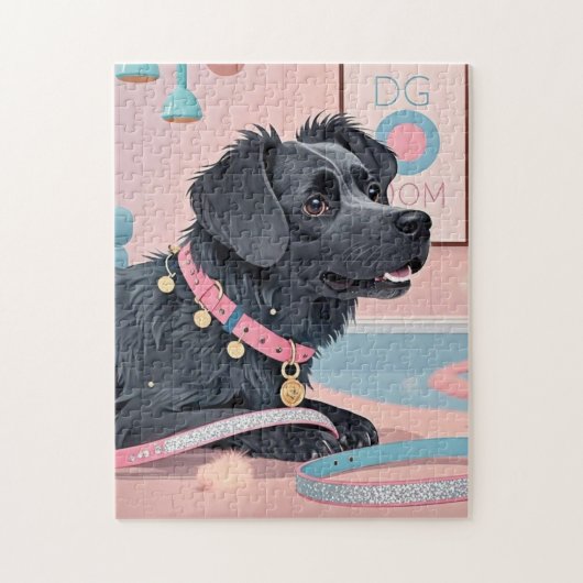 可愛い犬ピンクきらきら光るブルー犬の母 ジグソーパズル (縦)