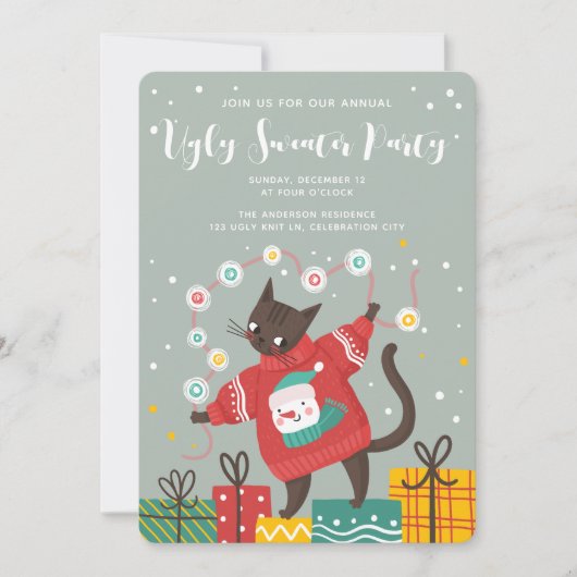 可愛い猫おもしろい醜いクリスマスセーターパーティー シーズンカード (正面)