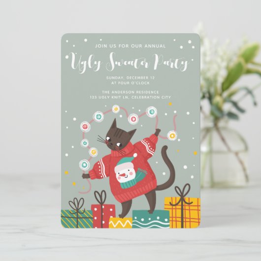 可愛い猫おもしろい醜いクリスマスセーターパーティー シーズンカード (スタンド正面)