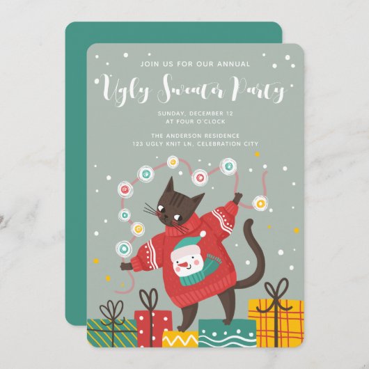 可愛い猫おもしろい醜いクリスマスセーターパーティー シーズンカード (正面/裏面)
