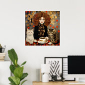 可愛い猫かわいらしのコーヒーアートを手にしたヴィンテージの女性 ポスター (ホームオフィス)