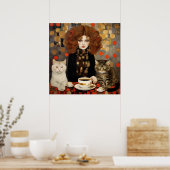 可愛い猫かわいらしのコーヒーアートを手にしたヴィンテージの女性 ポスター (キッチン)