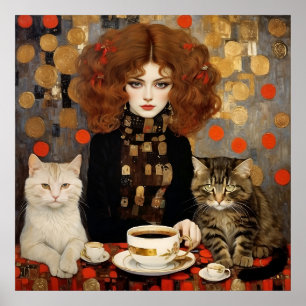 可愛い猫かわいらしのコーヒーアートを手にしたヴィンテージの女性 ポスター