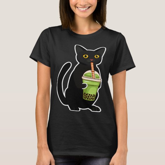 可愛い猫がお茶を飲む Tシャツ (正面)