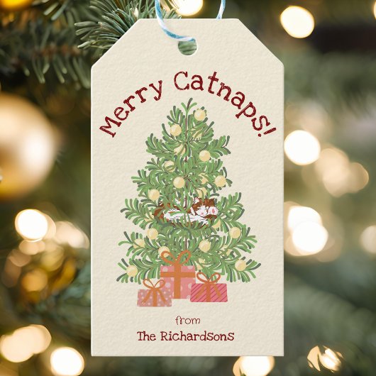 可愛い猫がチストマスツリーメリーの猫!クリーム ギフトタグ
