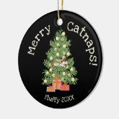 可愛い猫がチストマスツリーメリーの猫！ブラック セラミックオーナメント (左)