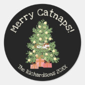 可愛い猫がチストマスツリーメリーの猫!ブラック ラウンドシール (正面)