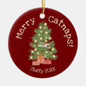 可愛い猫がチストマスツリーメリーの猫！レッド セラミックオーナメント (正面)