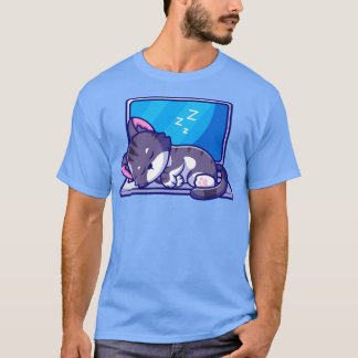 可愛い猫がノートパソコンの漫画で眠る Tシャツ
