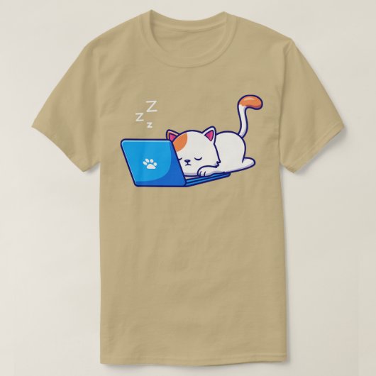 可愛い猫が寝てノートパソコンで働く Tシャツ (デザイン正面)