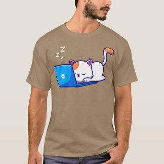 可愛い猫が寝てノートパソコンで働く Tシャツ