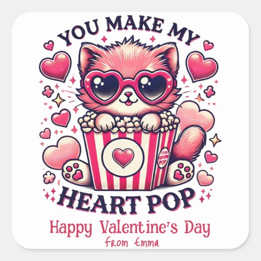 可愛い猫が教室にポップ・アートの入る スクエアシール (正面)