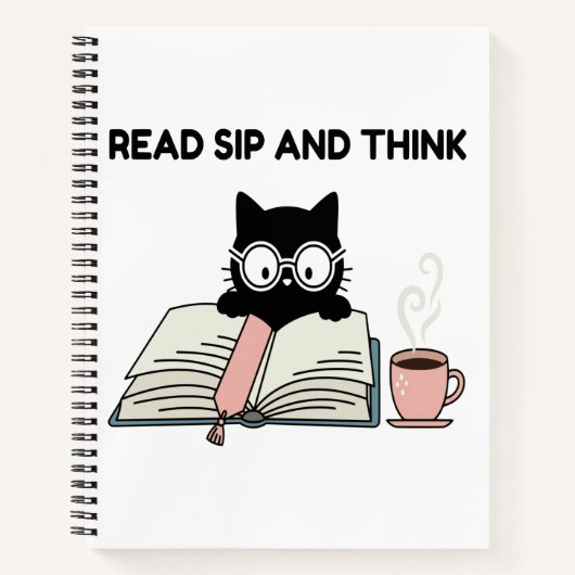 可愛い猫が本を読んでコーヒーを飲む 読む・飲む・考える ノートブック (正面)