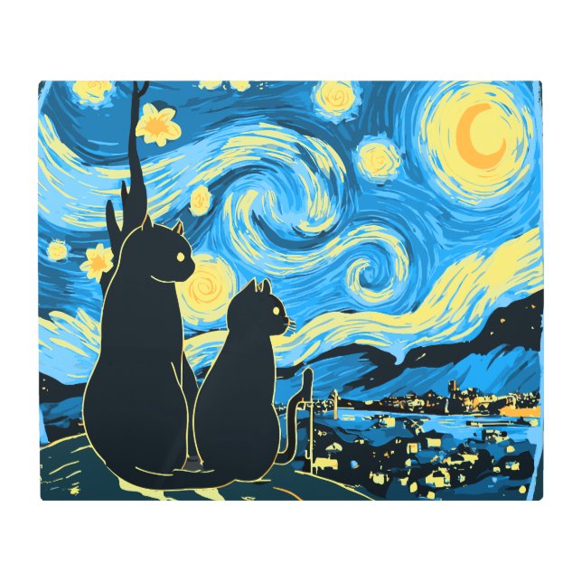 可愛い猫たち星空の夜ファンゴッホ父母子 メタルプリント (正面)
